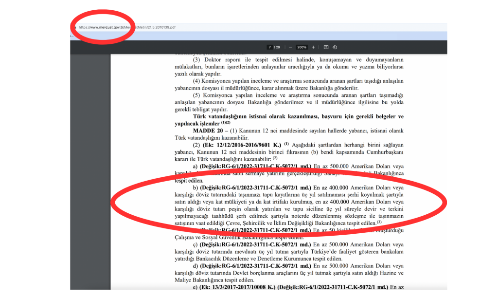 mevzuat.gov.tr official document 400.000 dollars for turkish citizenship through investment