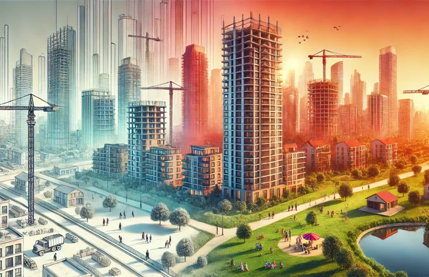 Gradient scene of property in Istanbul showing a high-rise building under construction on one side and a cozy residential area with a park on the other side.