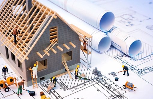 Off-plan project investment illustration showing architectural blueprints, construction site, and potential growth in property value.